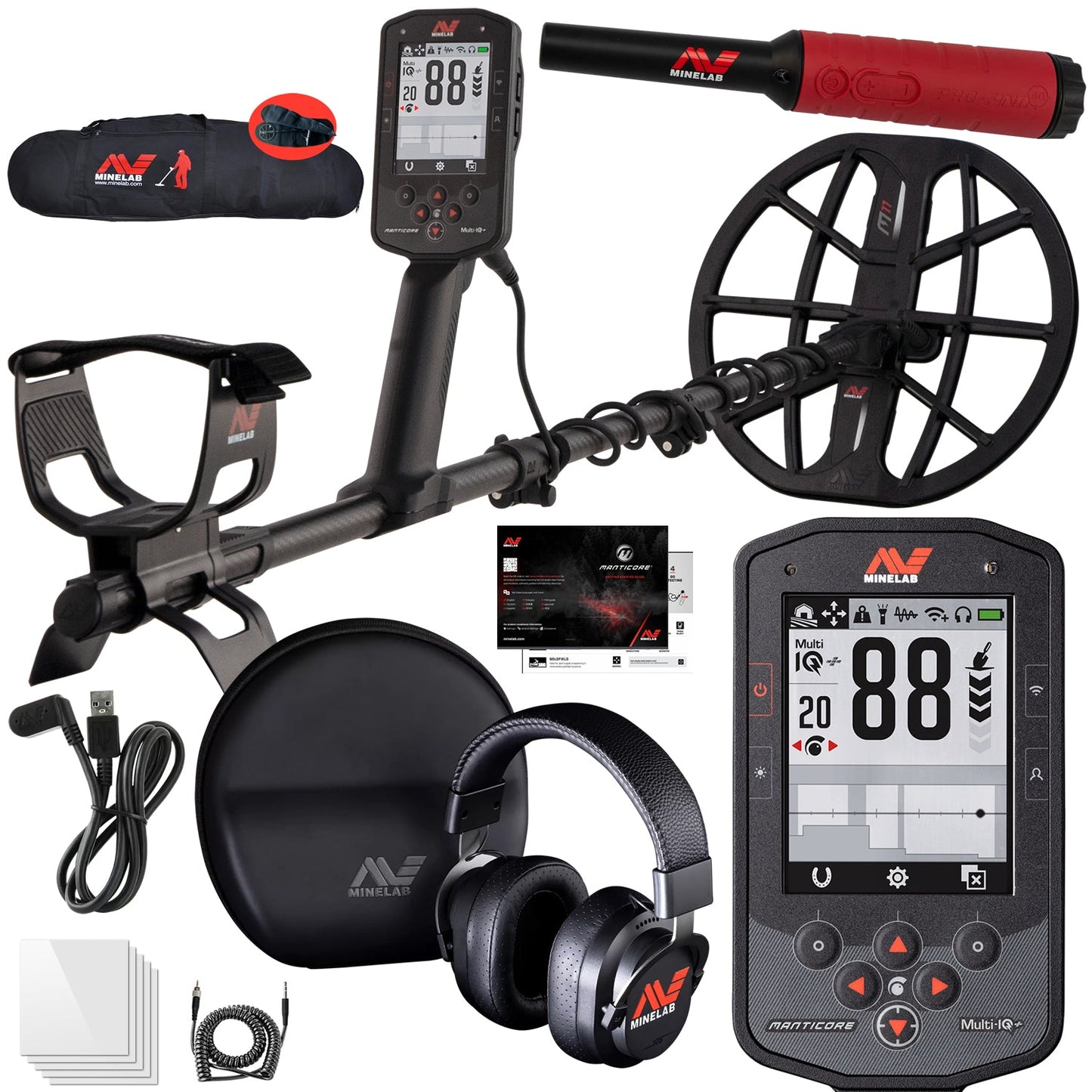 3 Coil PKG Minelab Manticore Multi-Frequency High Power Waterproof Metal Detector with M8 & M15 Searchcoil, Pro-Find 40 and Padded Bag