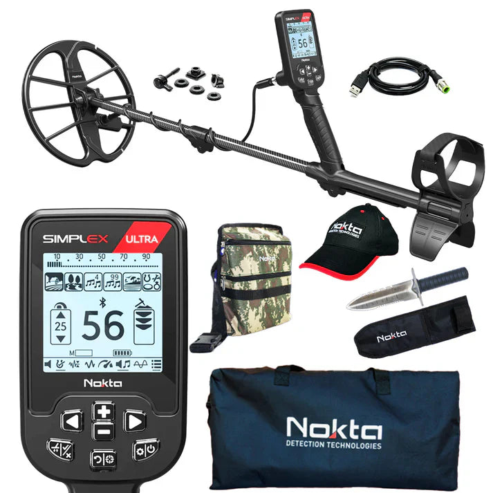 PRE OWNED- Nokta Simplex ULTRA Next Generation Waterproof Metal Detector Serious Beginner Pack With Free Premium Digger, Pouch, Carry Bag, and Cap