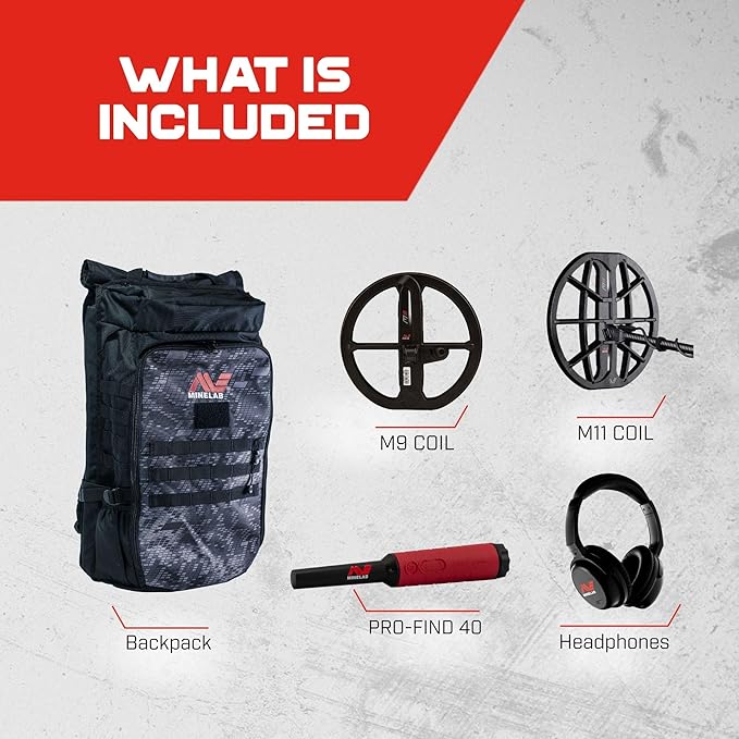 Minelab Manticore Multi-Frequency High Power Waterproof Metal Detector with M9 Coil, Pro-Find 40 Pinpointer and Bagpack