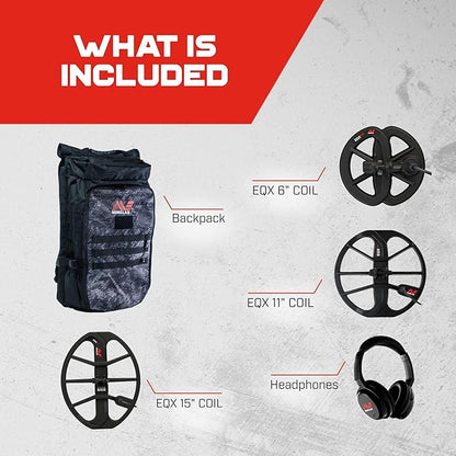 Minelab Equinox 900 Waterproof Multi-Frequency Metal Detector with 11", 6" DD Coils, Bagpack and EQX 15 Coil