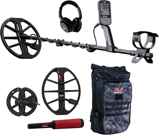 Minelab Equinox 900 Waterproof Multi-Frequency Metal Detector with 11", 6" DD Coils, Pro Find 40 Pinpointer, Bagpack and EQX 15 Coil