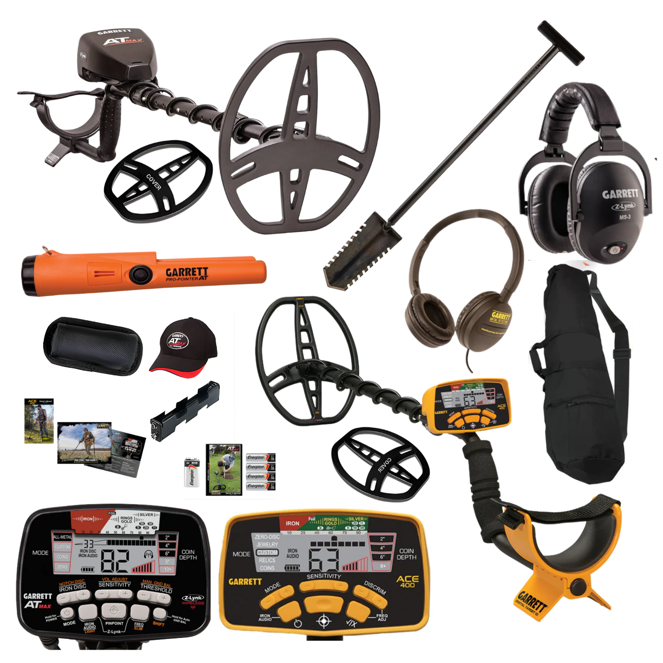 Father's Day Bundle — Garrett ACE 400 + Garrett AT Max Metal Detectors + Garrett Pinpointer + Garrett Razor Relic Shovel and Accessories