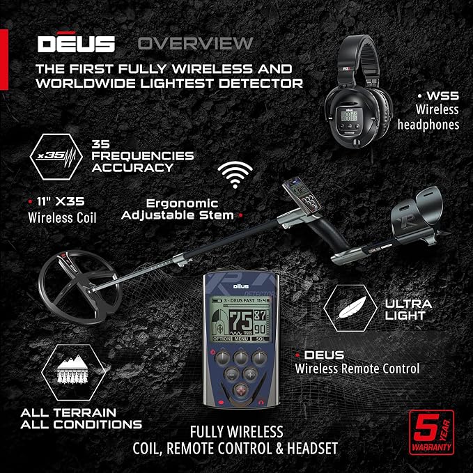 XP Deus RC Wireless Waterproof Metal Detector With 11" Searchcoil and WS5 Headphones
