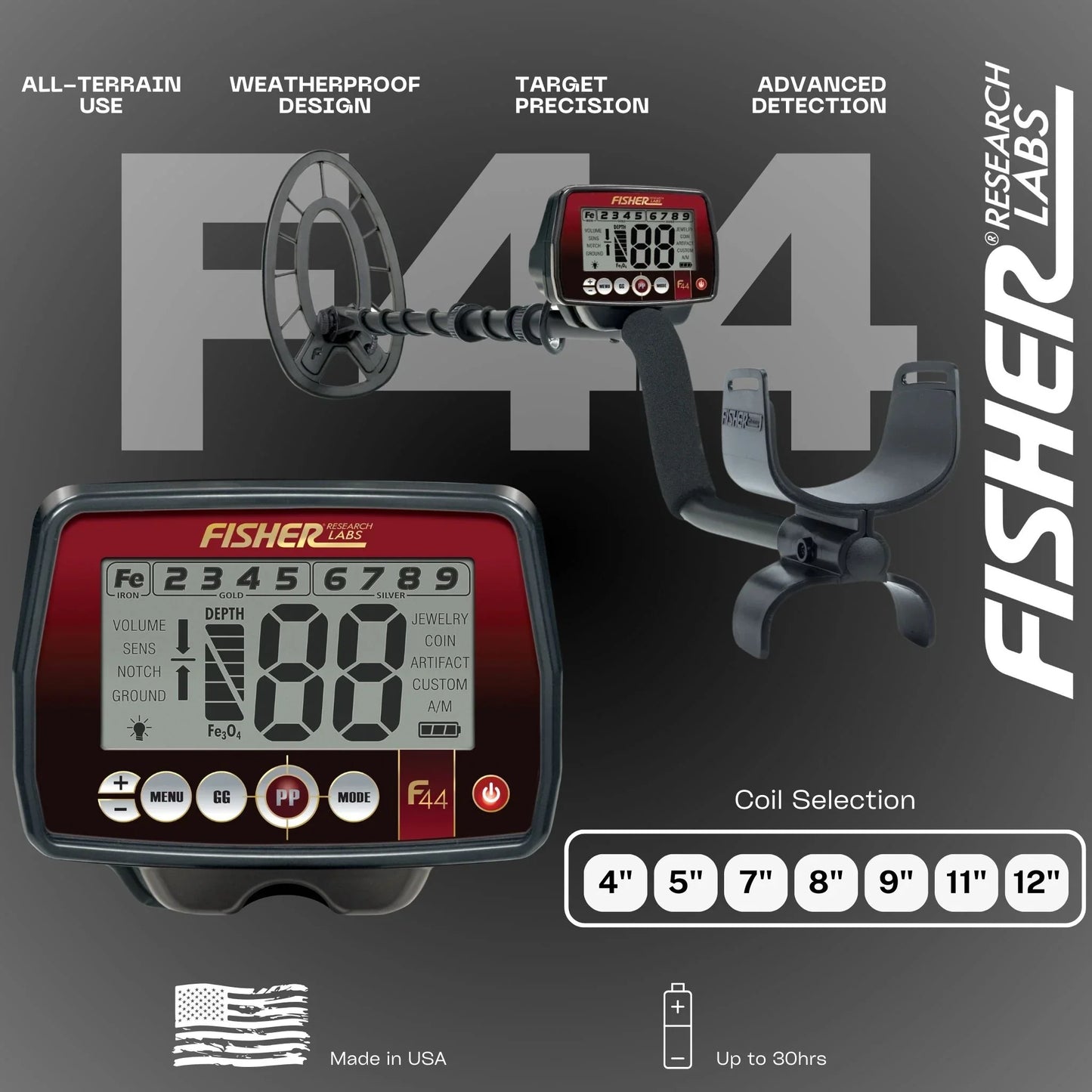 Fisher F44 Metal Detector with 11" Concentric Searchcoil