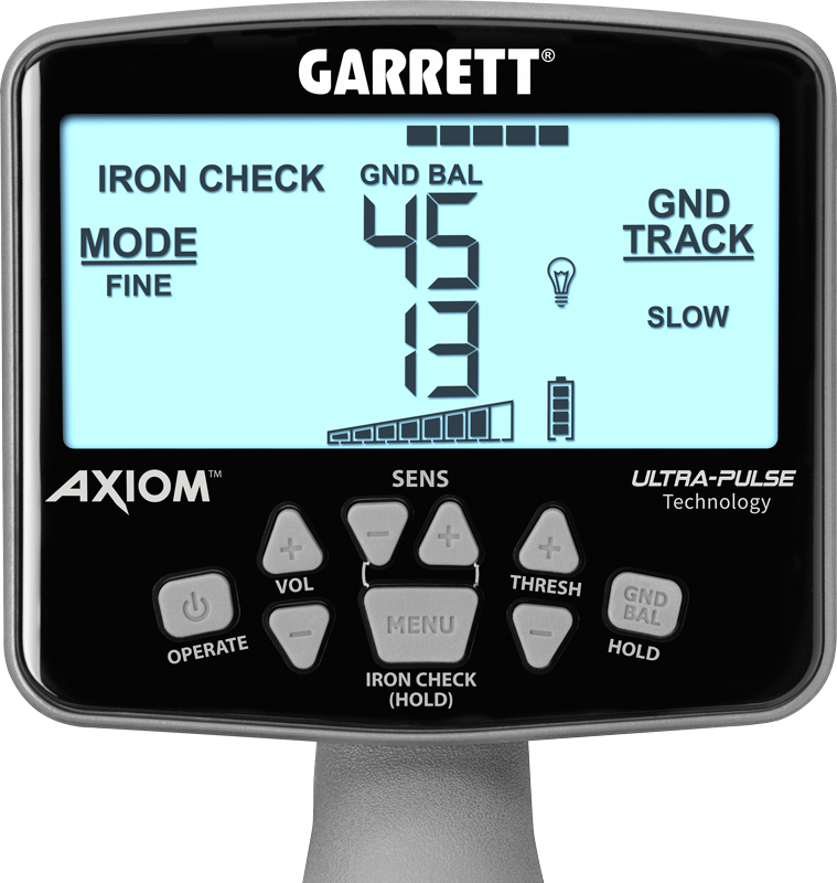 Garrett Axiom Pro Gold Pulse Induction Metal Detector With 11" Mono Coil, 13"x11" DD Coil, Wireless Headphones, Battery Booster, and Travel Pack