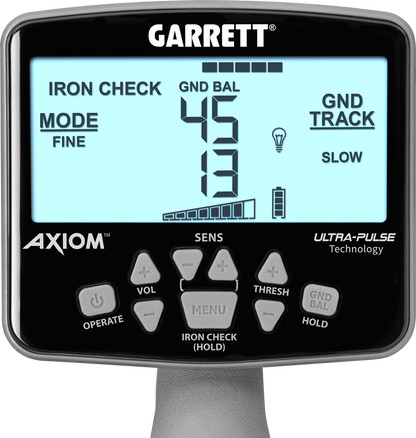 Garrett Axiom Pro Gold Pulse Induction Metal Detector With 11" Mono Coil, 13"x11" DD Coil, Wireless Headphones, Battery Booster, and Travel Pack