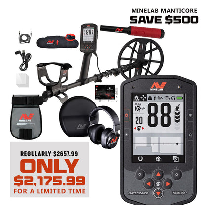 3 Coil PKG Minelab Manticore Multi-Frequency High Power Waterproof Metal Detector with M8 & M15 Searchcoil, Pro-Find 40, Padded Bag and Finds Pouch
