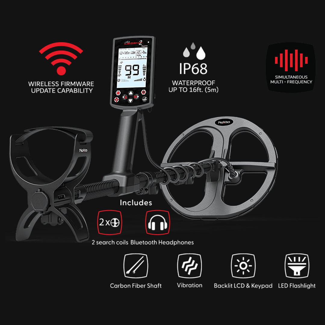 3 Coil Pkg Nokta Legend 2 Simutaneous Multi Frequency Metal Detector With LD21, LD28, LD38 Searchcoils, and Wireless Headphones