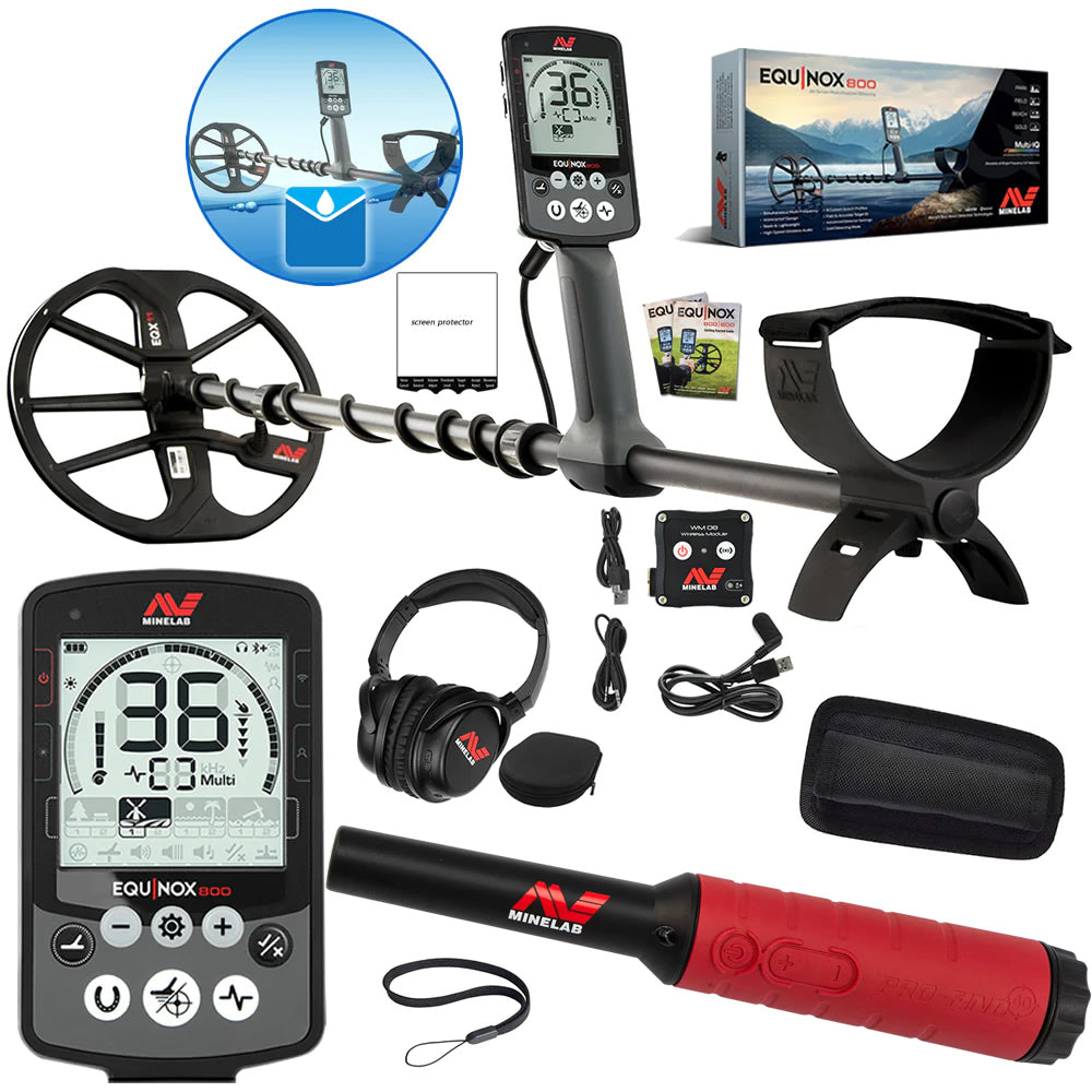 Minelab Equinox 800 Waterproof Multi-Frequency Metal Detector with 11" DD Coil, Gold Mode, and Pro-Find 40 Waterproof Pinpointer
