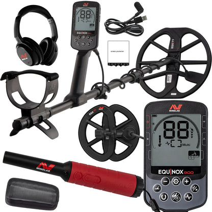 Minelab Equinox 900 Waterproof Multi-Frequency Metal Detector with 11" and 6" DD Coils and Pro-Find 40 Pinpointer