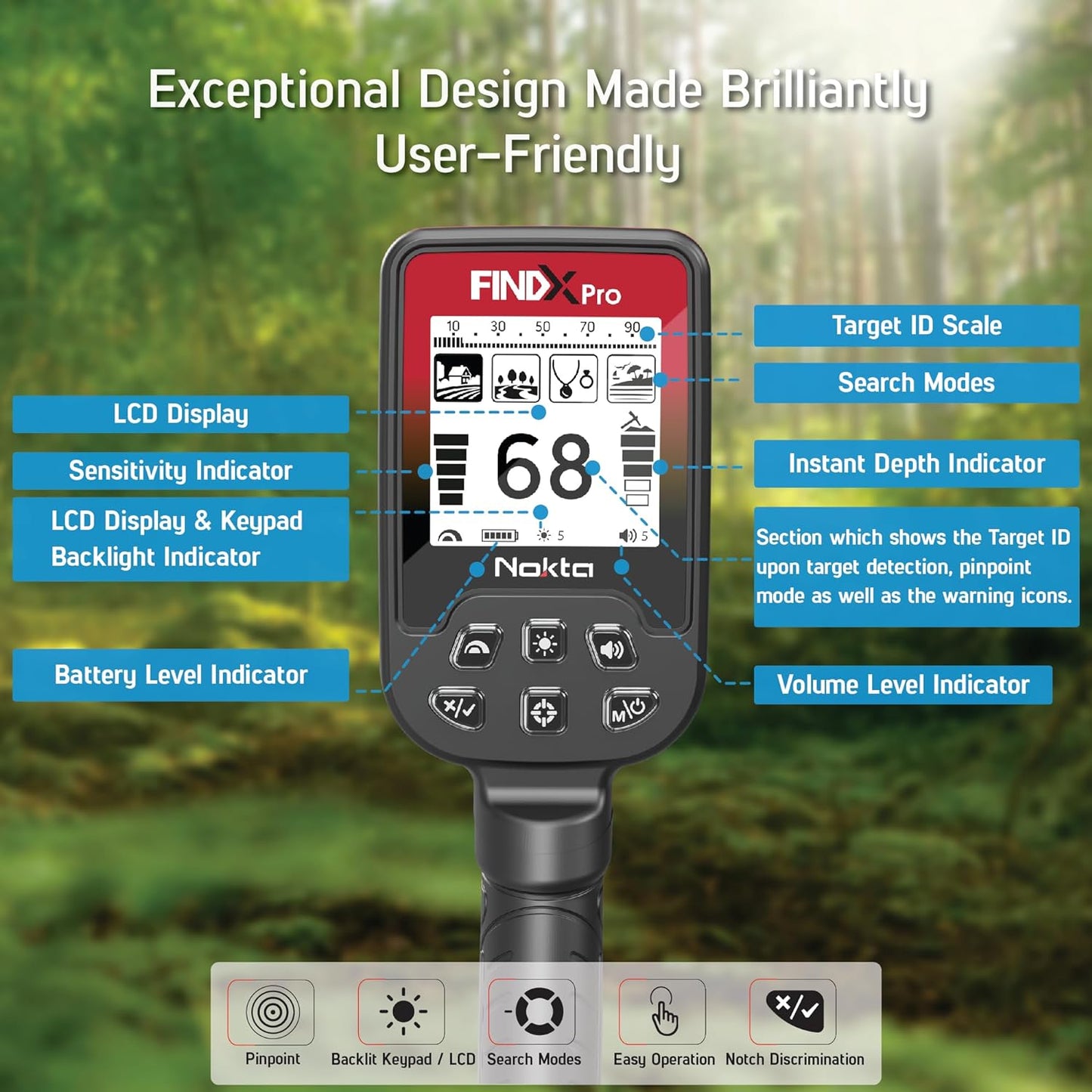 Nokta FindX PRO WATERPROOF Metal Detector with Rechargeable Battery, Bag, Digger and Headphones