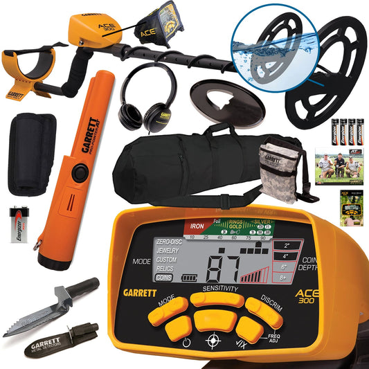 Garrett ACE 300 Metal Detector + Pro-Pointer AT Waterproof Pinpointer, Travel/Carry Bag, Edge Digger and Pouch
