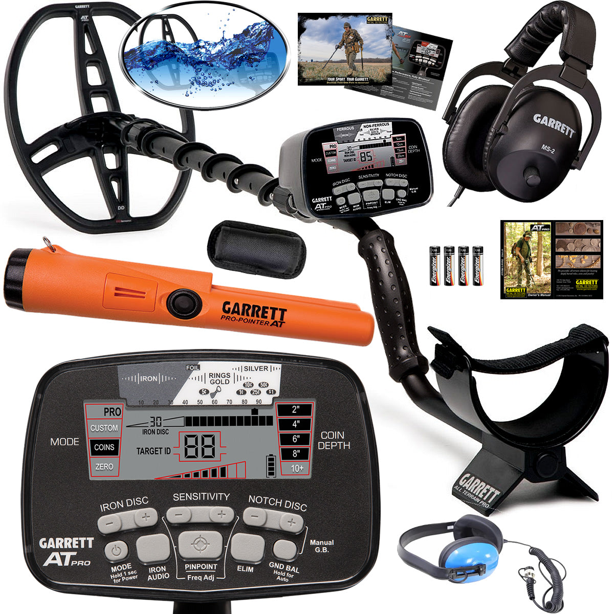 Garrett AT PRO Metal Detector + Pro-Pointer AT Underwater Pinpointer with Waterproof Headphones