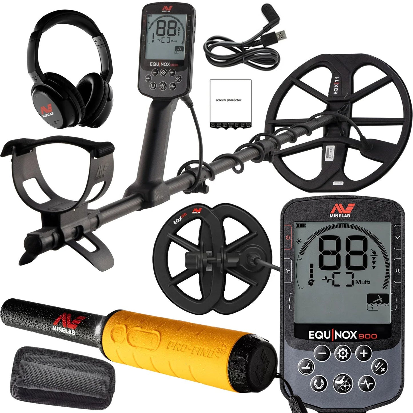 Minelab Equinox 900 Waterproof Multi-Frequency Metal Detector with 11" and 6" DD Coils and Pro-Find 35 Pinpointer