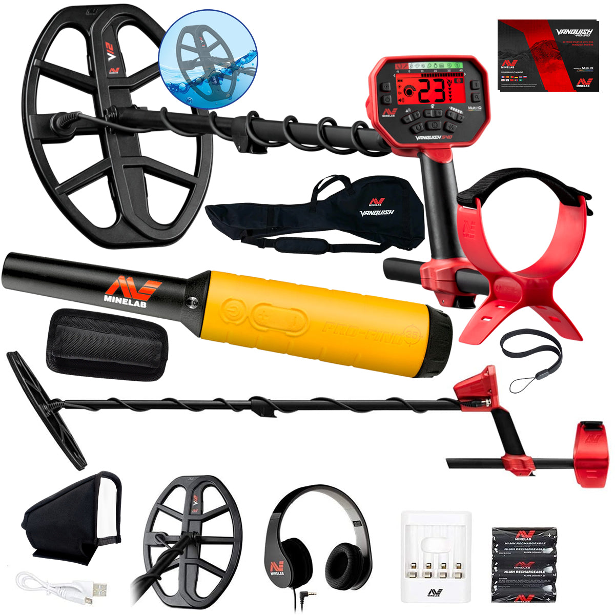 Minelab Vanquish 540 Metal Detector with Pro-Find 35 Pinpointer, Headphones, 12" Coil with Cover, Travel/Carry Bag
